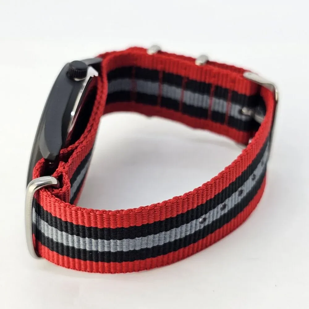 Field Men's Watch 42MM Black Case Black Dial Red Black Gray‎ Canvas Band Strap